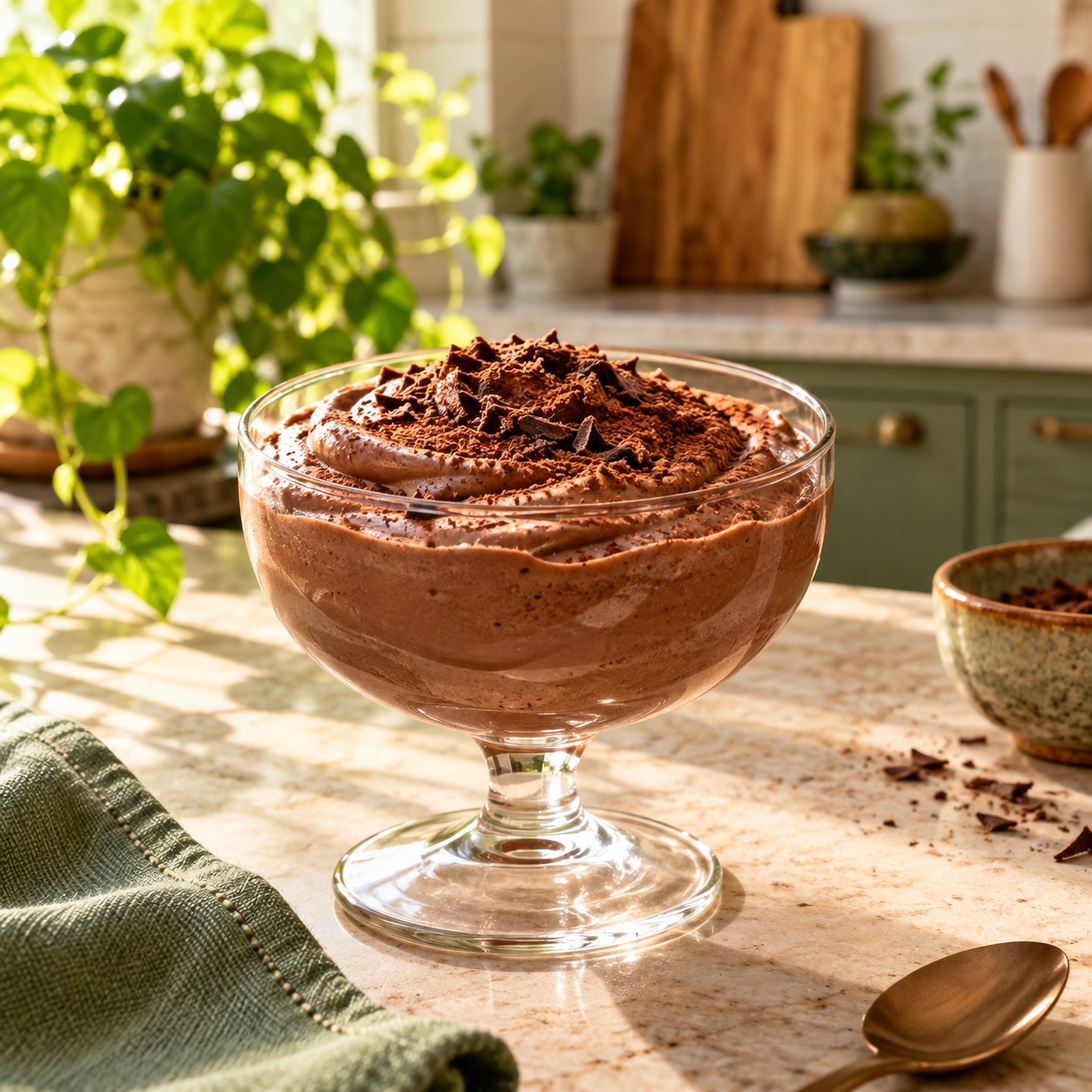 taça de mousse cremosa com cacau por cima, sobre a mesa da cozinha