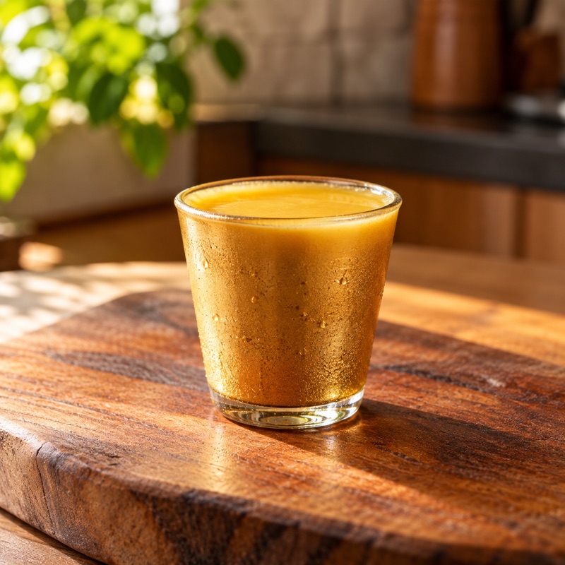 copinho dourado sobre tábua de madeira, sem os ingredientes à vista