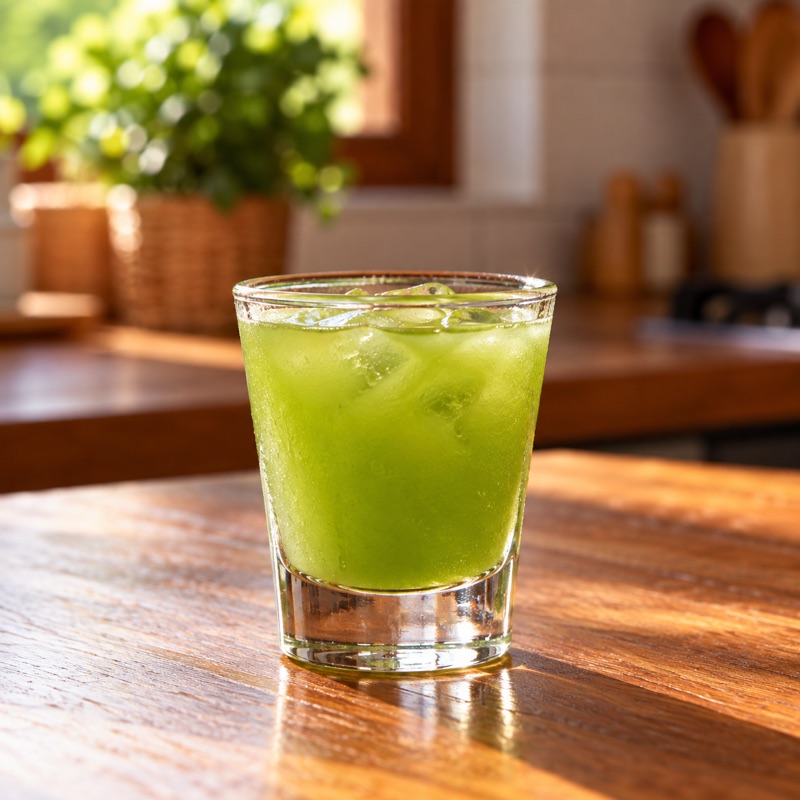 copo verde-claro com gelo, ingredientes fora do quadro
