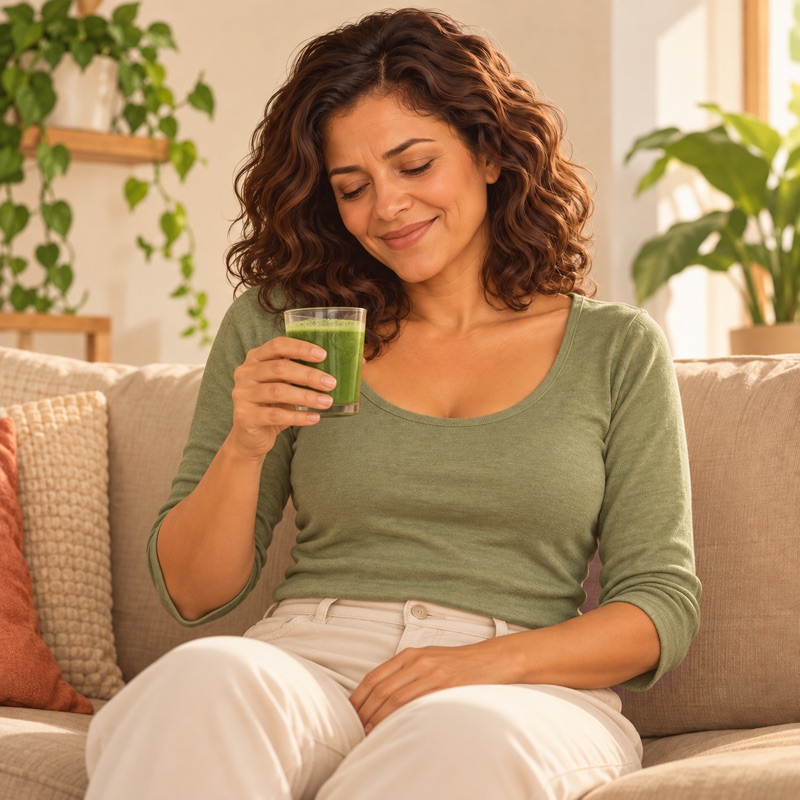 Ilustração conceitual da mesma mulher mais magra, sorrindo com um shot verde