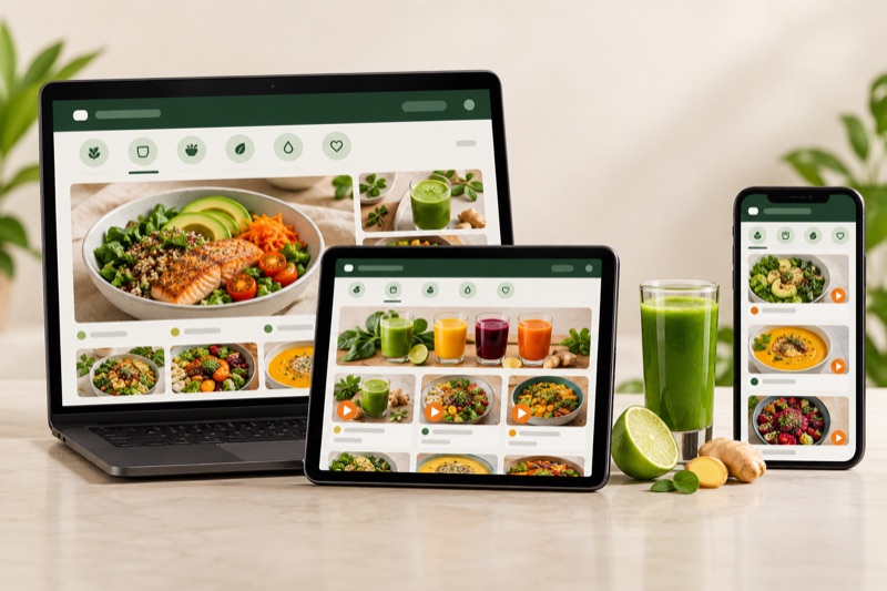 Mockup de notebook, tablet e celular com cards de receitas, aulas e shots naturais