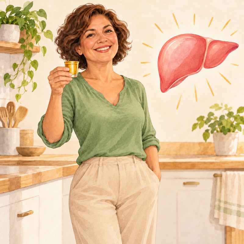 Ilustração da mesma mulher mais magra, sorrindo na cozinha com um shot